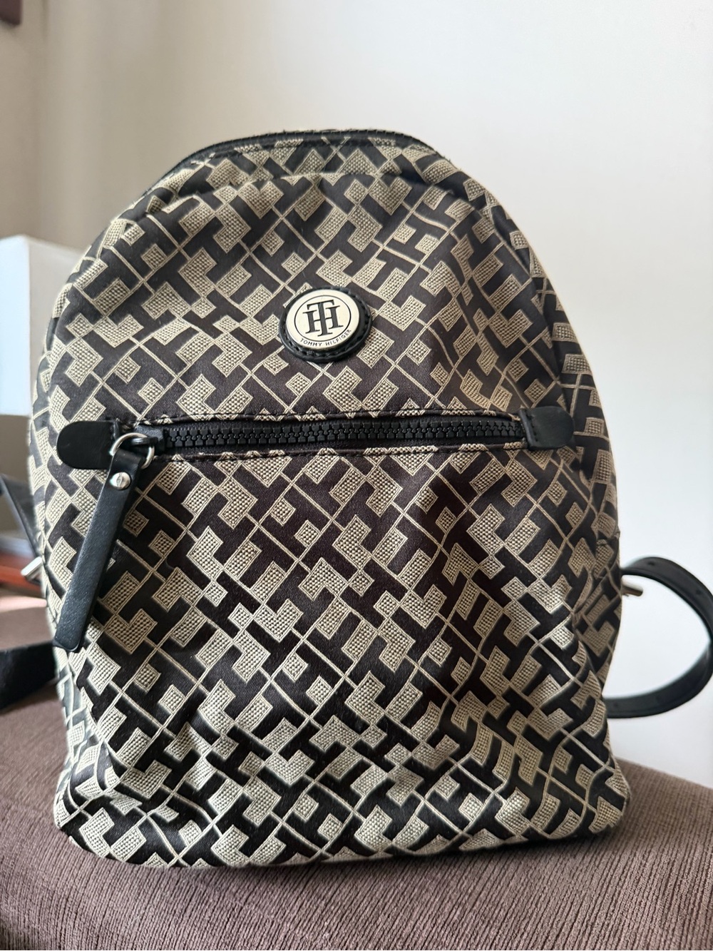 Tommy Hilfiger Black and Beige Monogram Mini Backpack